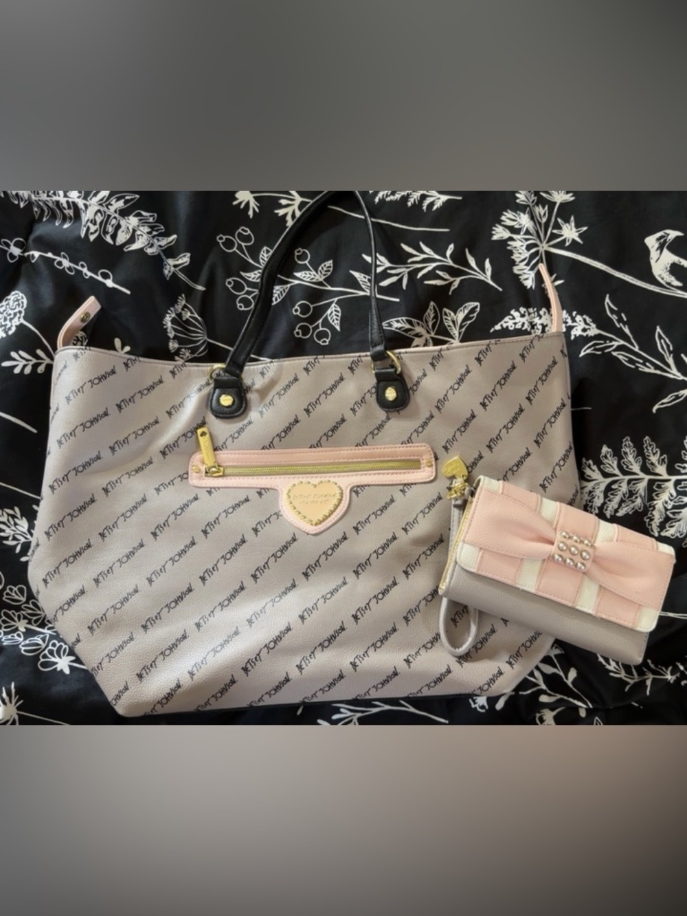 Betsey Johnson Pink, Cream and Black Logo Tote with Matching Wristlet